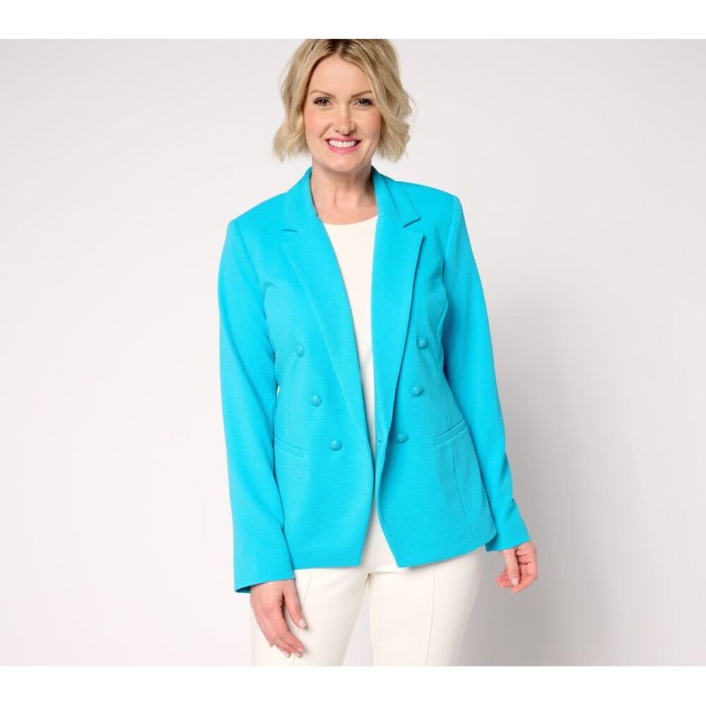 Susan Graver Women's Jacket Sz L Knit Ottoman Double Breasted MED BLUE A687829